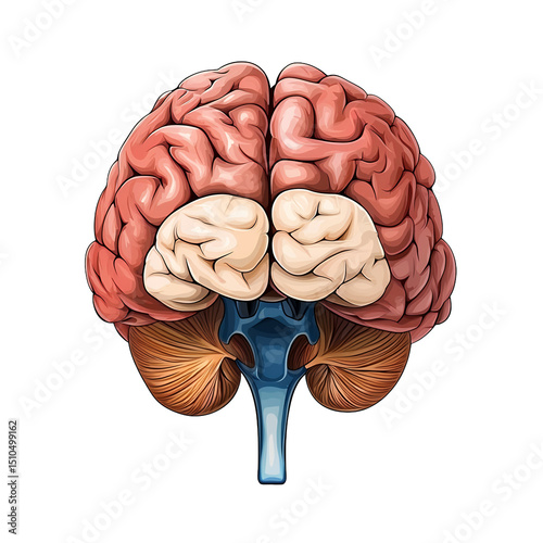 Detailed Human Brain Anatomy Illustration Red, Beige, and Blue Regions on Transparent Background isolated PNG transparent background