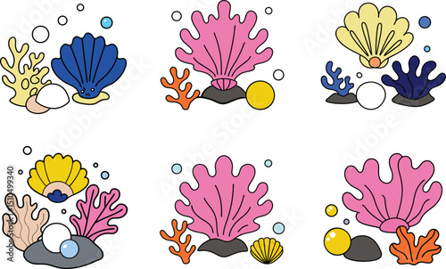  Set of hand drawn underwater sea life 3d design vector illustration on white background.
