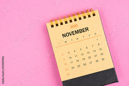 Brown desk calendar for November 2025 on pink background.