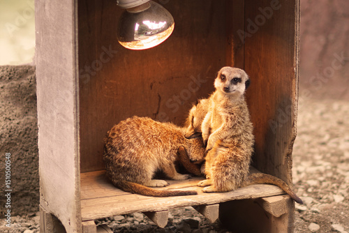 One meerkat stands tall, displaying its characteristic vigilant posture while another, likely a juvenile, observes from below, showcasing their social behavior.