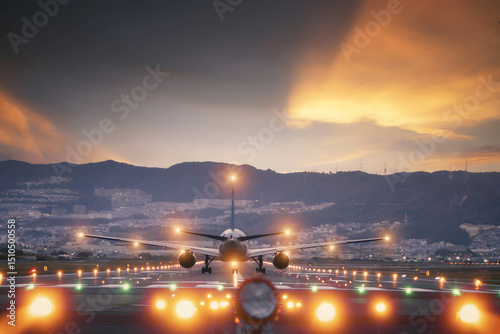 Jetliner prepares for takeoff against a glowing evening sky—perfect for travel, tourism, aviation ads, and inspirational presentations photo