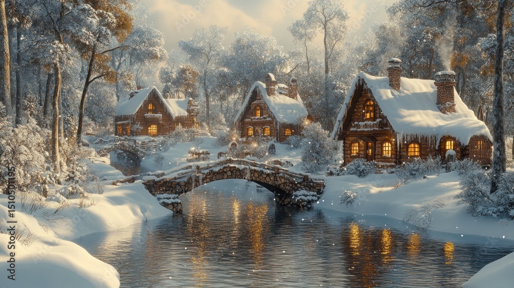 Fototapeta premium Snowy village with bridge at sunset