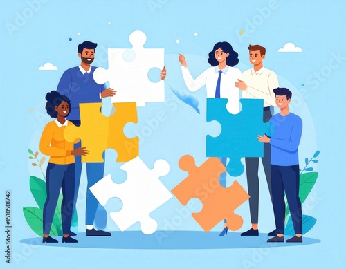 Diverse team assembling colorful puzzle pieces against a light blue backdrop