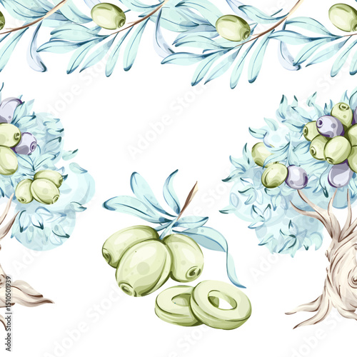 Olives and olive oil seamless pattern with a beautiful arrangement framed by nature motifs showcasing Italian cuisine nutrition and the beauty of olives capturing the essence of a Mediterranean