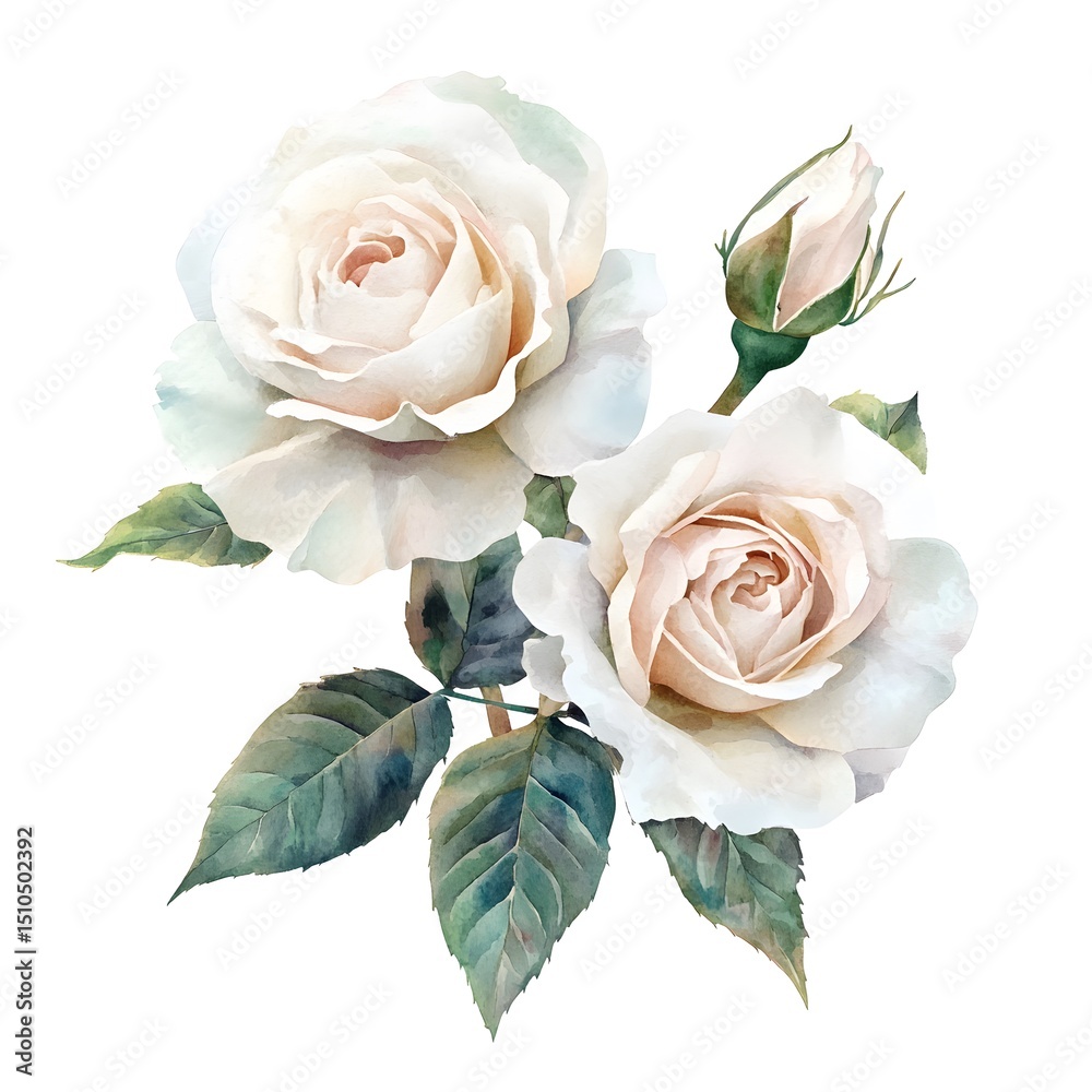 Naklejka premium Watercolor white roses clipart, watercolor, simple, single object on a flat background, high-resolution vector art, pastel colors, 