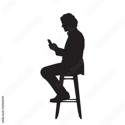 Silhouette of man using smartphone sitting on stool vector illustration