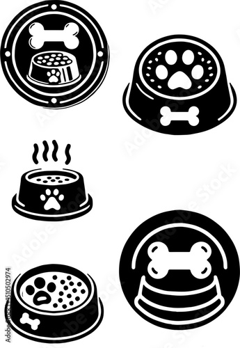 dog food bowl vector icon set with bone and paw graphic elements
