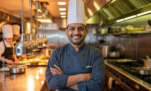 A chef stands confidently in a modern kitchen, showcasing culinary expertise and passion.
