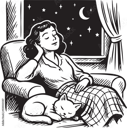 dreaming retro girl with cat