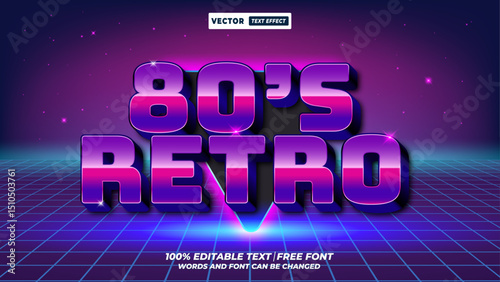 80s retro neon-style editable 3D vector text effect. Retro synthwave, chrome, and futuristic typography design for vibrant digital designs. 