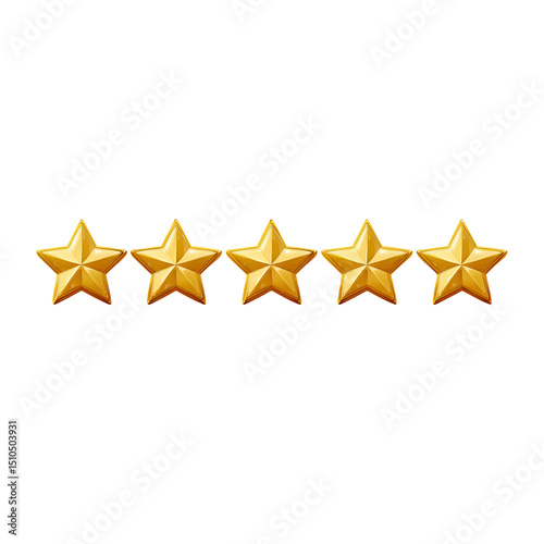 Five golden stars representing top quality and excellence. Perfect for reviews, ratings, or customer satisfaction visuals. PNG format with transparent background.