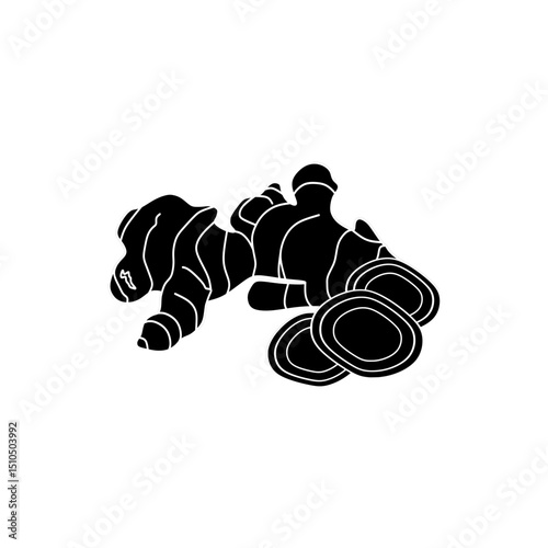 Ginger Rhizomes Root Herb vector illustration in black fill silhouette icon style. Editable kitchen spices design element for education.