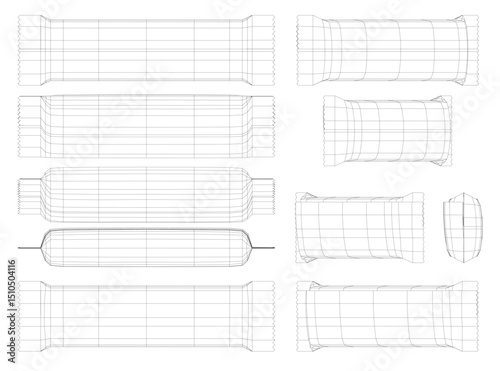 The illustration presents a minimalist wireframe layout of a snack packaging concept. It highlights structural elements like folding lines, panels, and branding areas