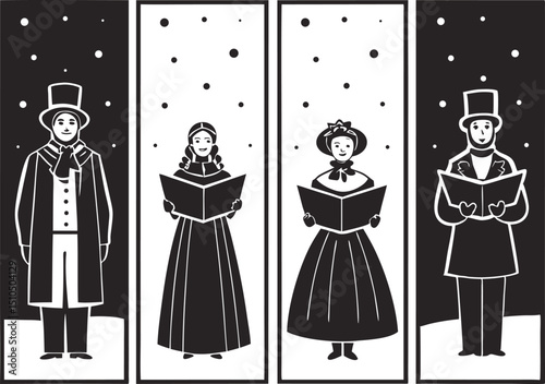 Victorian Carolers Silhouette Set – 4 Style Singing Group Clipart for Christmas"