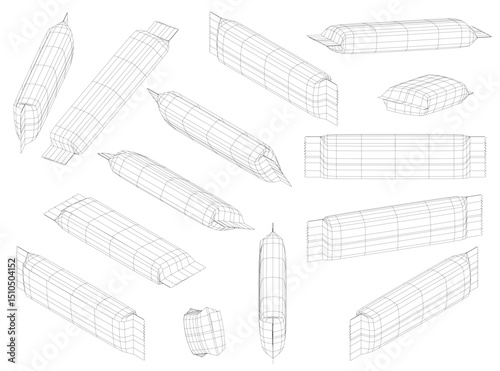 The illustration depicts a series of wireframe designs showcasing snack packaging in various orientations and configurations. Focus is on the structural integrity, folding patterns of the packaging