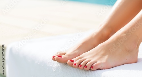 Wallpaper Mural Female feet red nail polish towel spa pedicure beauty treatment. Woman toes manicured relaxation wellness self care concept Torontodigital.ca