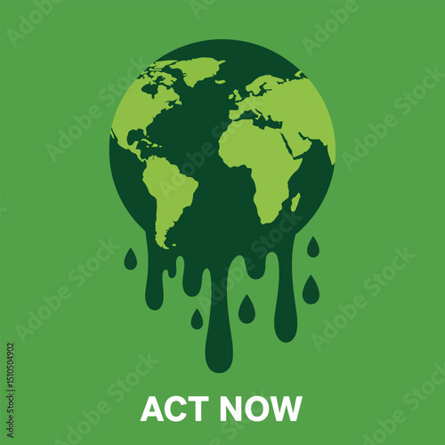 creative earth melting into leaves with bold uppercase text act now on vibrant solid green background
