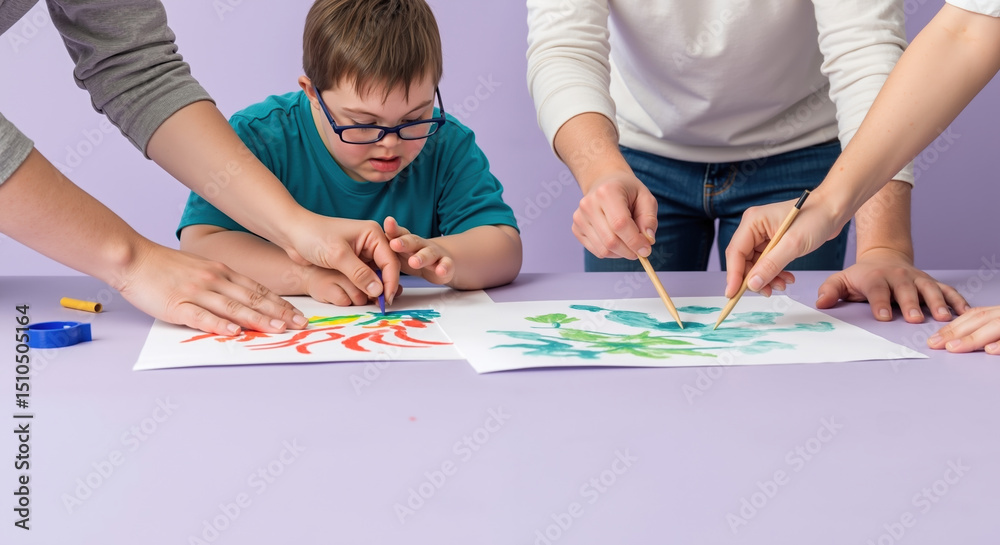 Child down syndrome painting with adults art therapy creative session. Boy glasses teal shirt hands drawing colorful papers inclusion diversity concept Child down syndrome painting with adults art therapy creative session. Boy glasses teal shirt hands drawing colorful papers inclusion diversity concept