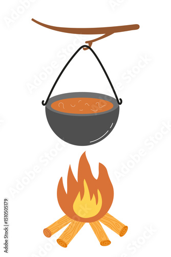 Cooking over an open fire with a pot suspended on a campsite at sunset. Vector illustration in flat style.