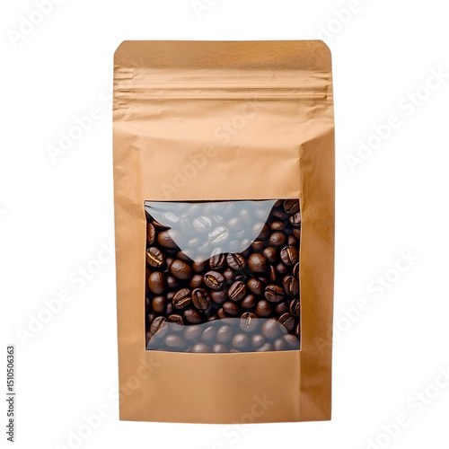 Blank brown Kraft paper bag with coffee beans in transparent window on white background. Packaging template mockup collection with clipping path. Ai Generated Images