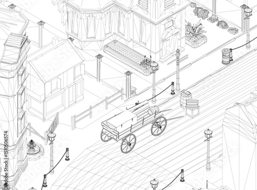 A black and white drawing of a city street with a horse drawn carriage. The street is lined with buildings and has a bench on the sidewalk. Isometric view. 3D