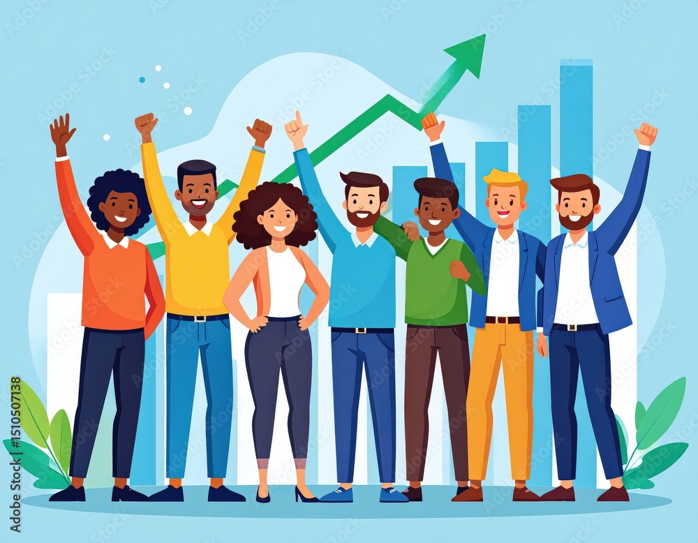 Obraz premium Diverse team celebrating success with rising graph and arrow symbolizing growth and achievement