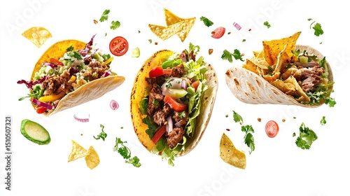 Three tacos, filled with seasoned meat, lettuce, and toppings, are arranged horizontally against a white background.  Tortilla shells, chips, chopped vegetables, and herbs are scattered around