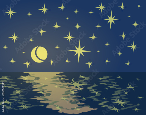 Moonlit night over the sea - starry sky and reflection in the water. The magic of night nature.