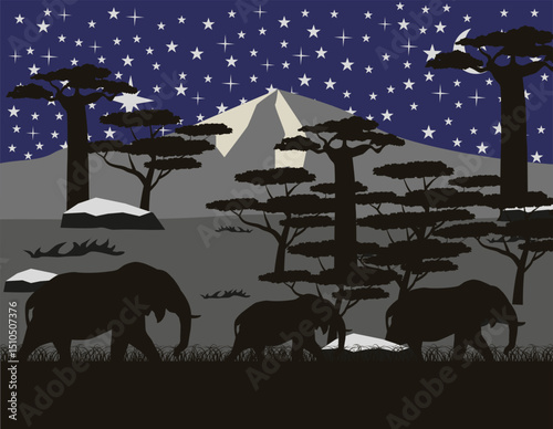 Night safari illustration. Silhouettes of elephants on the background of African nature. Night nature safari.