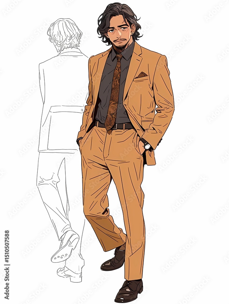 Obraz premium Anime illustration, confident man, brown suit, patterned tie, beard.