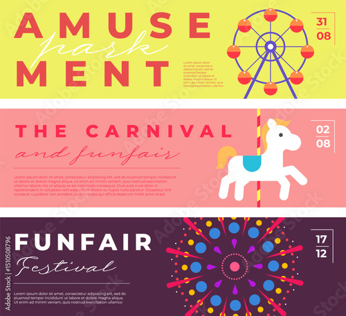 Minimal amusement park background with Ferris wheel, carousel, rollercoaster and fireworks. Colorful flat vector design for carnival banner, kids party flyer or summer festival invitation.
