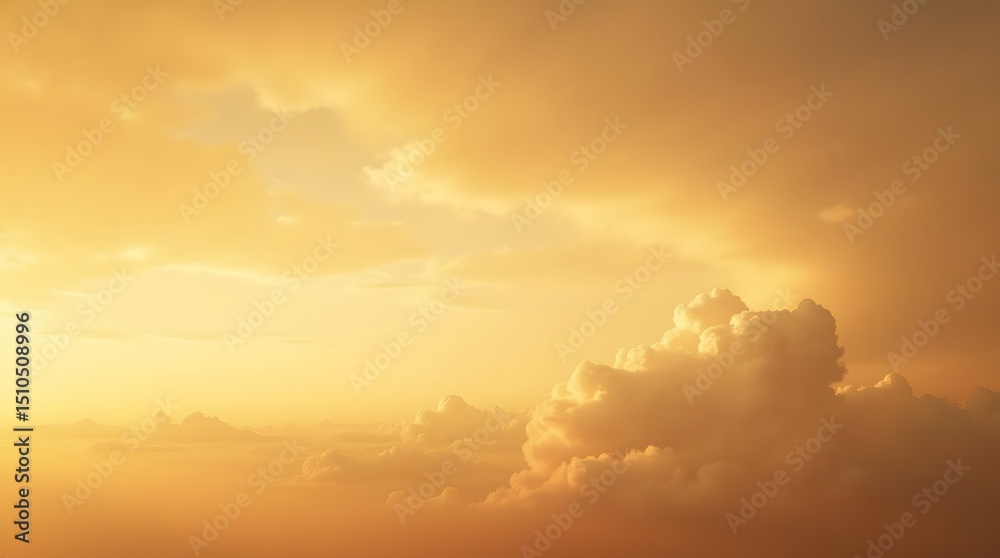 Fototapeta premium Golden clouds fill the sky, creating a warm, ethereal atmosphere. Ideal for backgrounds, dreamlike visuals, and serene concepts.
