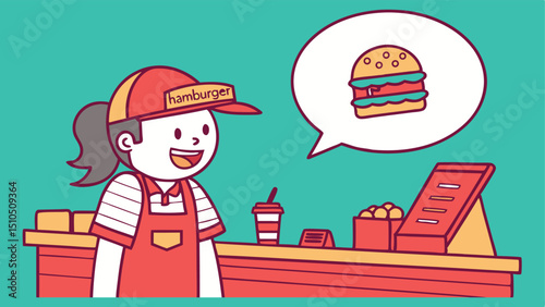 Happy hamburger restaurant worker daydreaming of burgers