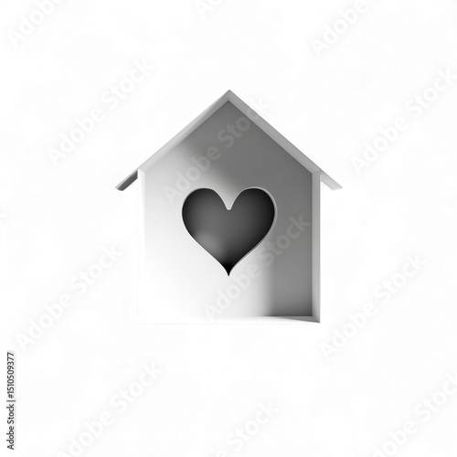Minimalist house with heart-shaped cutout symbolizes love and home, perfect for real estate and family themes. PNG format on transparent background for versatile use.