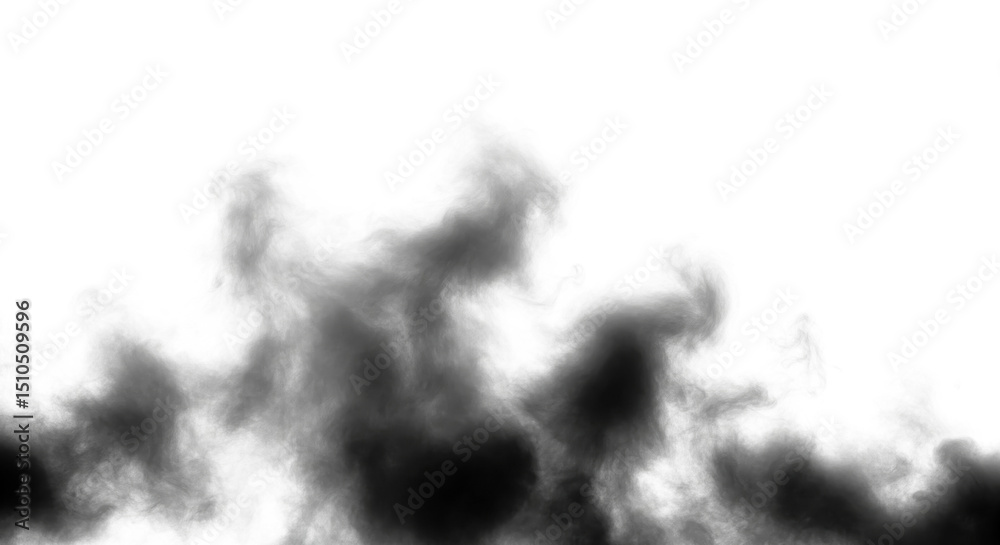 Naklejka premium Dense plumes of dark smoke rise upward, twisting into complex shapes on a transparent background.