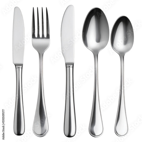  Top View Cutlery Set with Subtle Shadow – Stainless Steel Forks, Spoons, and Knife PNG