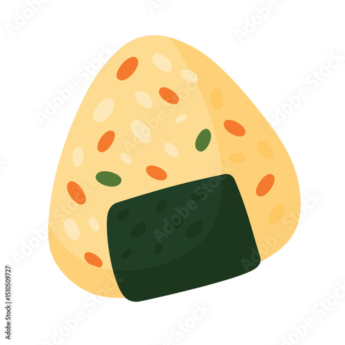 Japanese onigiri rice ball with colorful sprinkles and seaweed, cartoon vector illustration.