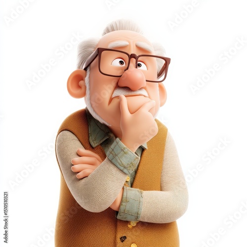 Thoughtful Elderly Cartoon Man in Vest Pondering a Decision