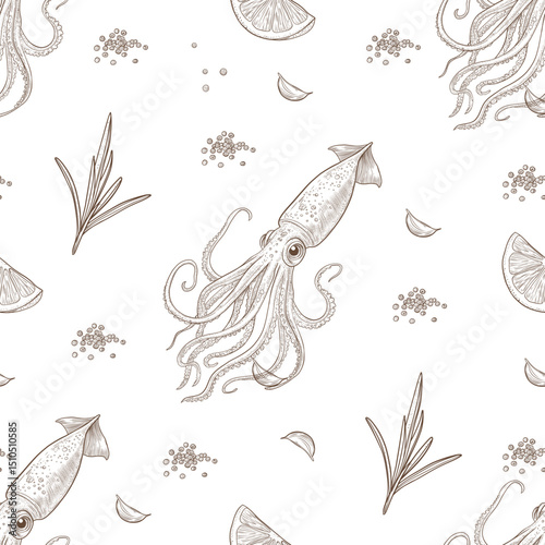 Squid seamless pattern line graphic. Seafood pattern. Seamless design. Species, herbs, lemon great ornament