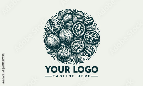 Vintage botanical illustration of walnuts with leaves
