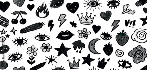 Punk girl doodle grafitti. Bow girly tattoo. Cute crayon heart, cherry, bow