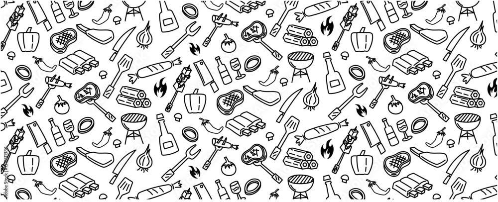 bbq barbeque meat beef pork steak grilled seamless pattern background doodle hand drawing barbecue