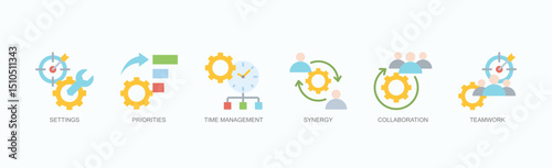Productivity And Team Management Icons Icon Set Isolated Vector Illustration Concept With Icon Of Settings, Priorities, Time Management, Synergy, Collaboration, Teamwork In Flat Style