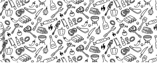 bbq barbeque meat beef pork steak grilled seamless pattern background doodle hand drawing barbecue