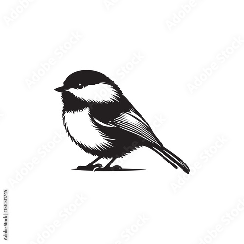 **"Delicate Black-capped Chickadee Vector Silhouette: Small Songbird Design Featuring Rounded Body, Distinctive Cap, and Perched Pose in Clean, Minimalist Style for Crafts and Digital Art"**
