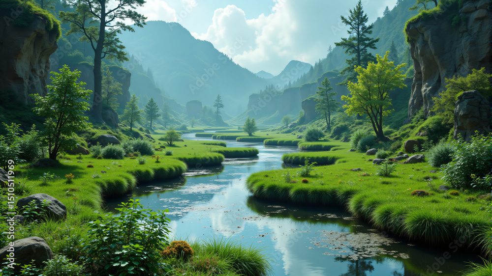 Fototapeta premium Serene River Valley with Lush Greenery and Mountain Backdrop