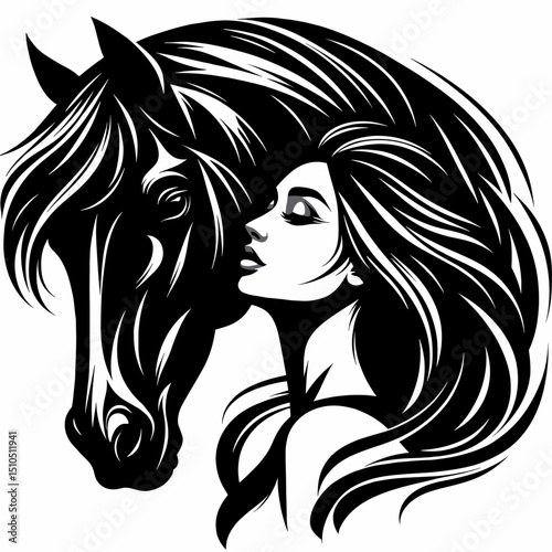Woman with horse in fantasy black tattoo vector style, Chinese zodiac theme
