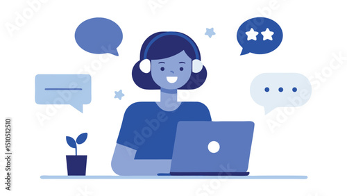 Happy customer service agent working on laptop with positive feedback