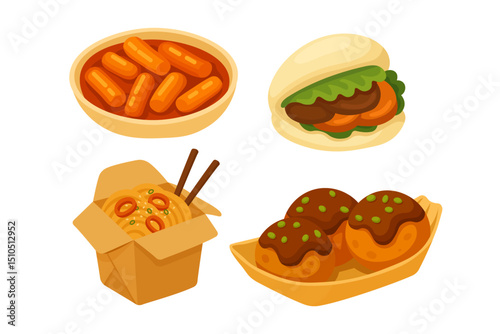 Vector set of Asian hot street food including tteokbokki, bao bun, takoyaki and noodle box.