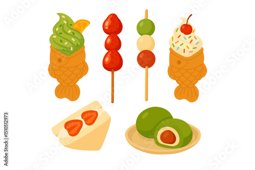 Colorful cartoon set of traditional Asian sweets, including taiyaki, dango, mochi and fruit treats.